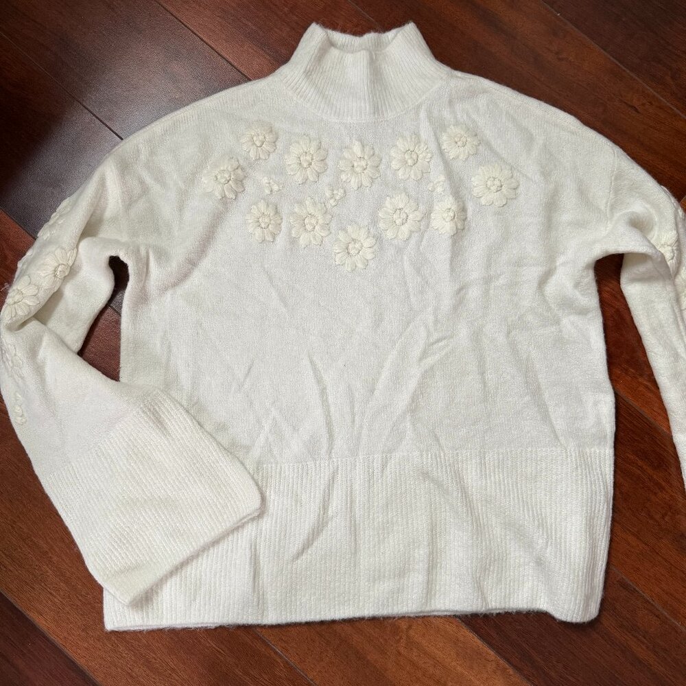 CeCe Cream Turtleneck Sweater with Daisy Appliqués